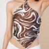 Swirl Print Satin Halter Crop – Glossy satin with halter fit, tie-back straps, trendy marble swirl pattern, perfect fit for up to 36” bust.
