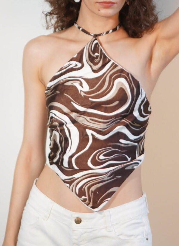 Swirl Print Satin Halter Crop – Glossy satin with halter fit, tie-back straps, trendy marble swirl pattern, perfect fit for up to 36” bust.